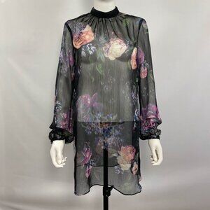 TJD Floral Sheer Mock Turtleneck Mini Dress Size 8 Medium Long Sleeve